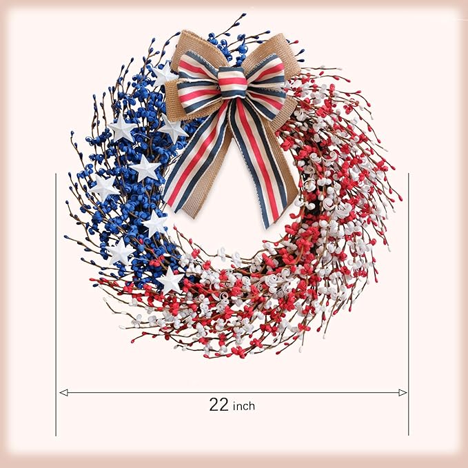 4th of July Wreath 22 inch, Patriotic Wreath for Front Door, Red White Blue American Independence Day Memorial Day Flag Day Indoor Outdoor Decor