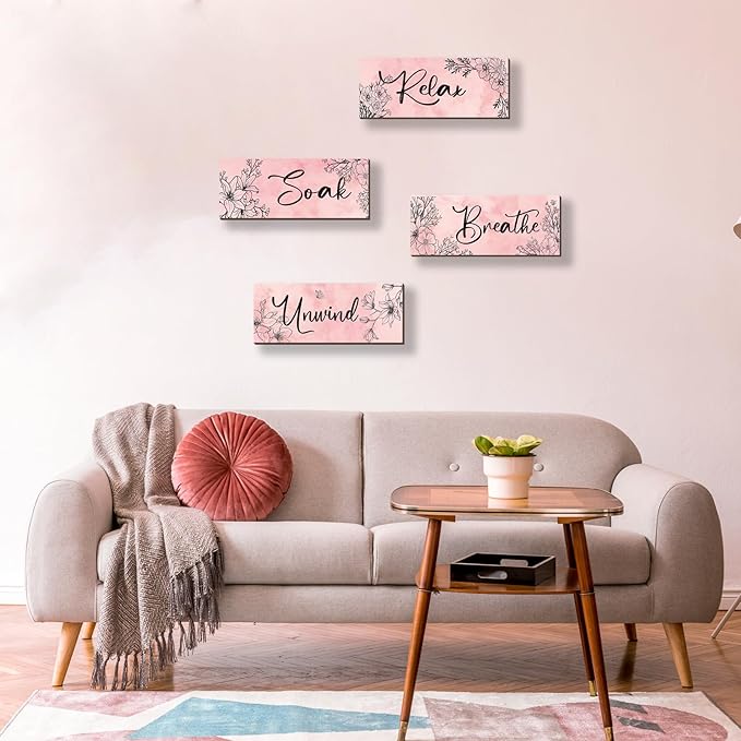 ONIZHITY 4 Pieces Pink Wall Decor Pink Floral Bathroom Decor Wooden Girls Room with Relax Soak Unwind Breathe Positive Hanging Wall Art for Girl Teen Women Bedroom Living Room Decoration (10X4In)