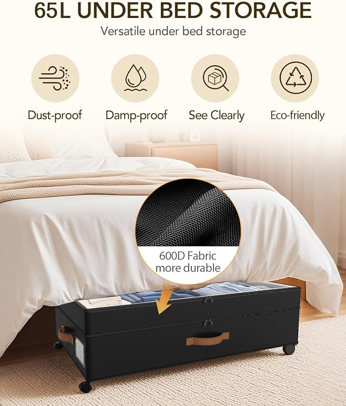 4 Pack Under Bed Storage with Wheels, Adjustable Height Storage Containers, 10 inches Large Capacity Rolling Underbed with Lids, Storage Drawers Shoes, Clothes, Blankets, Black