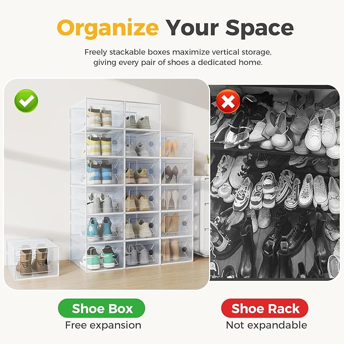 NEWBULIG 45 Clear Shoe Storage Boxes, Shoe Organizer for Closet with Lid, Plastic Stackable Breathable Shoe Cabinet with Lid for Sneakers, Heels & Boots, White