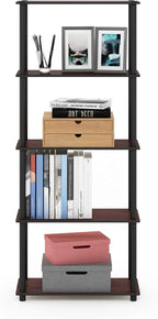 Furinno TURN-N-TUBE Storage Shelves, 5-Tier Book Shelf, Corner Shelf, Toolless Open Shelves, for Organization and Storage, Living Room, Garage, Home Office, Dark Cherry