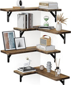 Amada HOMEFURNISHING Corner Floating Shelves, Set of 4 Corner Wall Shelves, Shelves for Wall Decor, Corner Wood Shelves for Home Decor, Office, Bedroom, Bathroom, Laundry Room, Kitchen, Brown
