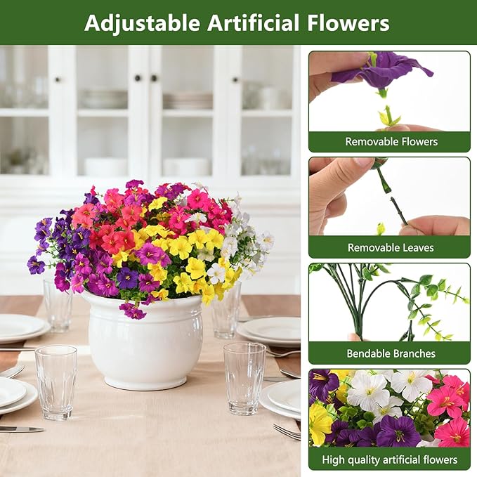 INQCMY Artificial Fake Flowers for Outdoor Spring Decoration,12 Bundles Faux Silk Colorful Morning Glory with Eucalyptus UV Resistant Realistic Fake Plants for Outside Planter Porch Patio Yard Garden