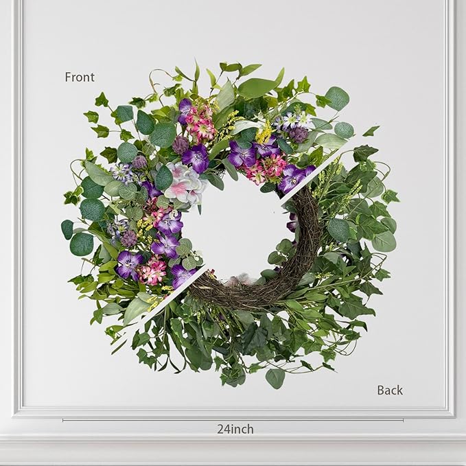 Jobflower Spring Wreaths for Front Door, 24 Inch Purple Summer Wreath Everyday Artificial Wild Flower Wreath for Wedding Home Wall Window Porch Indoor Decor