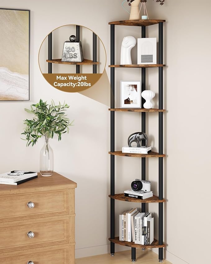 IBUYKE 6 Tier Corner Shelf Stand,Industrial Corner Display Rack,Corner Bookshelf for Living Room, Bedroom, Kitchen, Home Office, Brown WBC011H