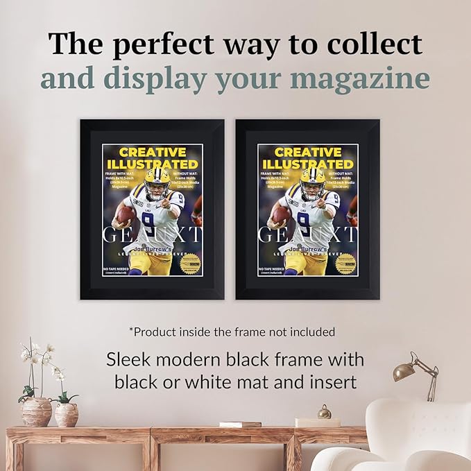Creative Picture Frames 8 x 10.5 Magazine Frame with Full-Strength Glass, Holds Up To A 1/4" Thick Media with Installed Hangers for Easy Mounting, 10x12 Manhattan Black Frame with Black Mat