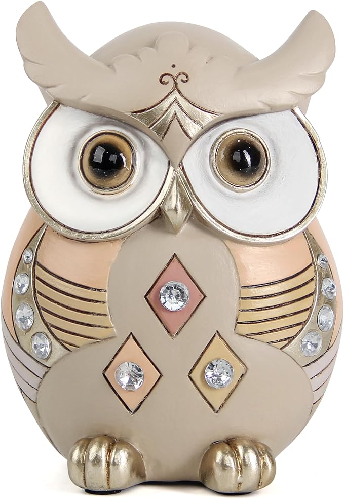 Owl Statue Home Decor, Vintage Resin Figurine with Crystals for Shelf, Boho Decorations for Living Room Office Desk, Unique Gifts for Women Bird Lovers