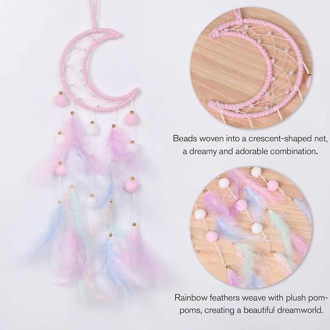 Pretty Jolly Pink Moon Kids Dream Catcher Wall Decor Pompom Feather Baby Dreamcatcher Handmade Children Dream Catcher Home Décor Wall Hanging for Nursery Bedroom Boys Girls Birthday Gift-25.6in