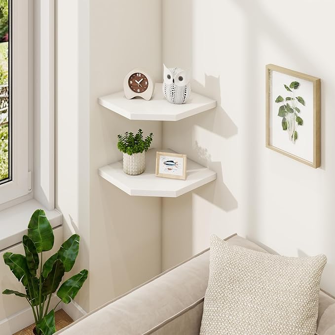 Fun Memories Corner Shelf Wall Mount Set of 2 - Solid Oak Wood Floating Corner Shelf with Cable Hole, 10in Rustic Design for Bedroom, Living Room, Kitchen (White)