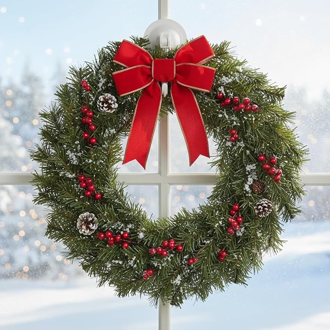 Strong Suction Cup Wreath Hanger for Front Glass Door - 20lb Hooks for Window & Bathroom - Damage-Free, Reusable Outdoor Christmas Wreath Holder for Holiday Decor, 2-Pack, Antique Gold
