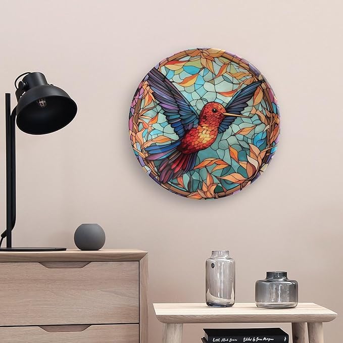 Decorative Plates for Home Decor, Colorful Stained Glass Design Hummingbird Decor Tray for Table Display, Ceramic Dinner Plate W/Stand, Living Room Decor, Gifts for Hummingbird Lovers, 10 Inch