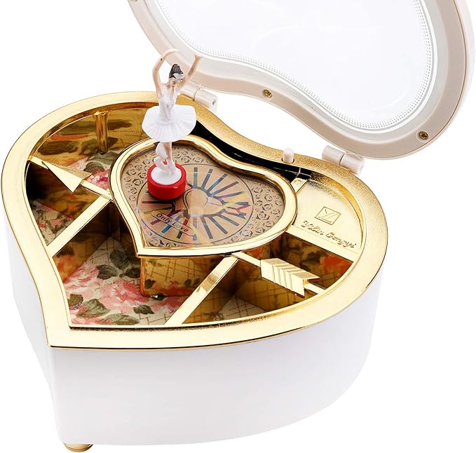 yarlung Ballerina Music Box for Valentine's Day Gift, White Heart Rotating Dancing Girl Gift Box for Jewelry, Trinket, Mother's Day Birthday