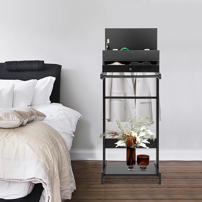 Valet Stand for Men, Freestanding Wooden Suit Stand Clothes Butler Valet Stand, Large Storage Clothes Valet Suit Display Rack, Storage Organizer for Bedrooms, Clothing stores