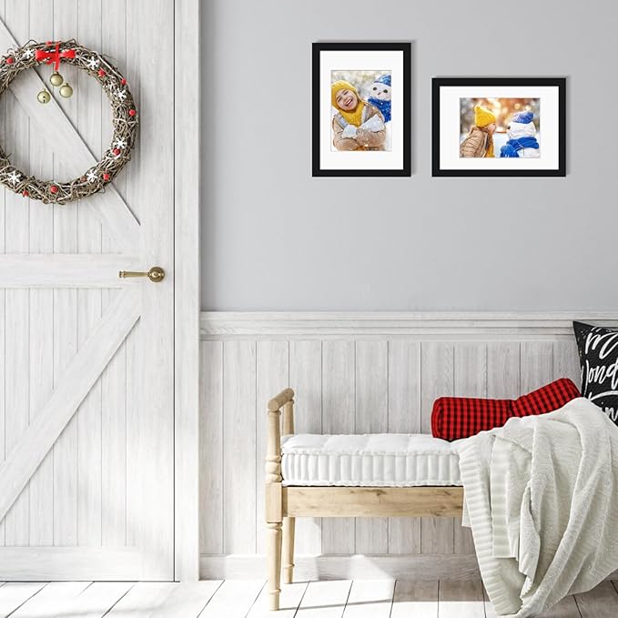 Egofine A4 Picture Frames Set of 4, Made of Solid Wood Covered by Plexiglass 5x7 and 6x8 with Mat or A4 whitout Mat, for Table Top Display and Wall Mounting Photo Frame Black