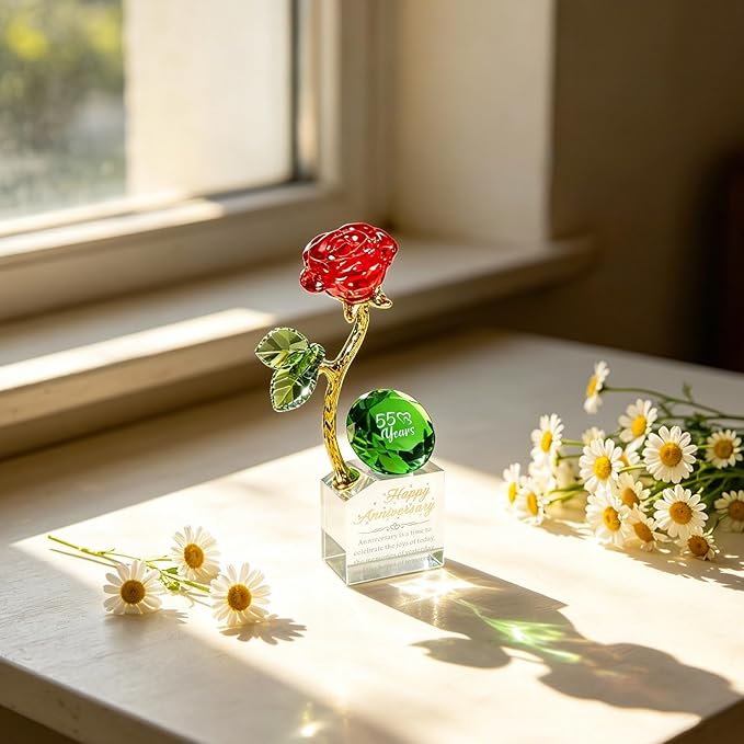 YWHL 55th Wedding Anniversary Rose Gifts for Parents Grandparents, 55 Years Happy for Couples, Crystal Rose Figurine with Emerale Diamond, Valentines Day Present for Her Him