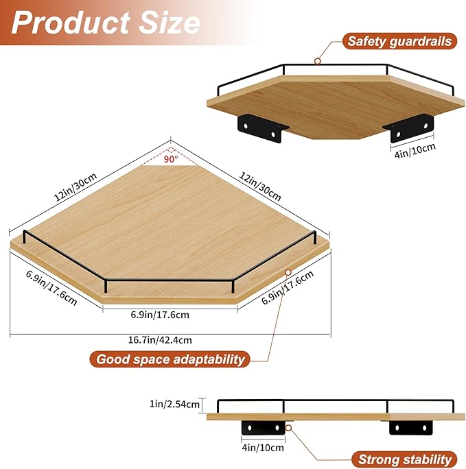 JJL Corner Shelf Wall Mounted, 12 Inches 2-Tier Floating Corner Shelf, Hexagon Rustic Wood Decor with Fence, Natural Wood Grain Storage for Apartment Bedroom Kitchen Bathroom