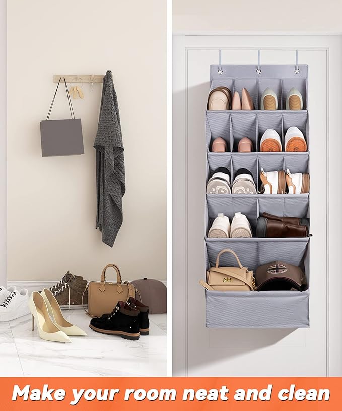 FENTEC 1 Pack Over-the-Door-Shoe-Organizers, Hanging Organizers with Large Pocket Shoe Holder Hanging Shoe Rack for Closet Shoe Organizer for Wall, Over Door Organizer with 15 Pockets Gray