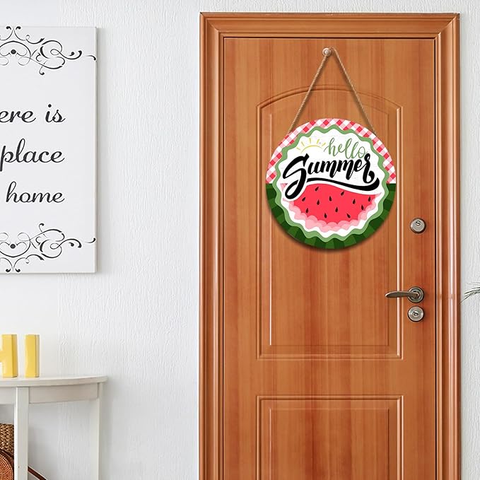 Hello Summer Watermelon Door Sign Front Door Decor Summer Watermelon Door Hanger Sign Plaque Seasonal Farmhouse Wooden Wreath Indoor Wall Hanging Decoration for Indoor Outdoor Outside Porch 12 Inch