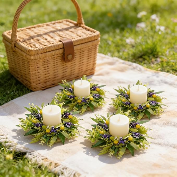 6 PCS Green Eucalyptus Olive Swag Wreaths for Pillars Spring Summer Greenery Kitchen Cabinet Wreaths Mini Green Boxwood Leaves Wreath with Ribbon for Front Door Porch Wall Window Farmhouse Decoration