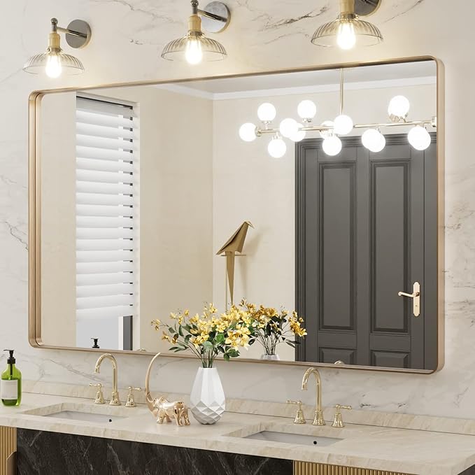 LOAAO 60”X36” Gold Bathroom Mirror, Rounded Rectangle Gold Frame Mirror, Brushed Gold Bathroom Vanity Mirror Wall-Mounted, Anti-Rust, Tempered Glass, Hangs Horizontally or Vertically