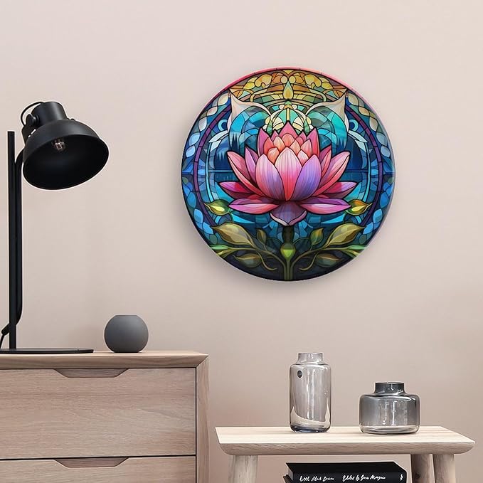 Boho Water Lily Stained Glass Print Decorative Plates Home Decor Ceramic Plates, Dinner Plates Display for Living Room, Kitchen, Hallway Console Side Table, Presents for Lotus Lover, 10 Inch