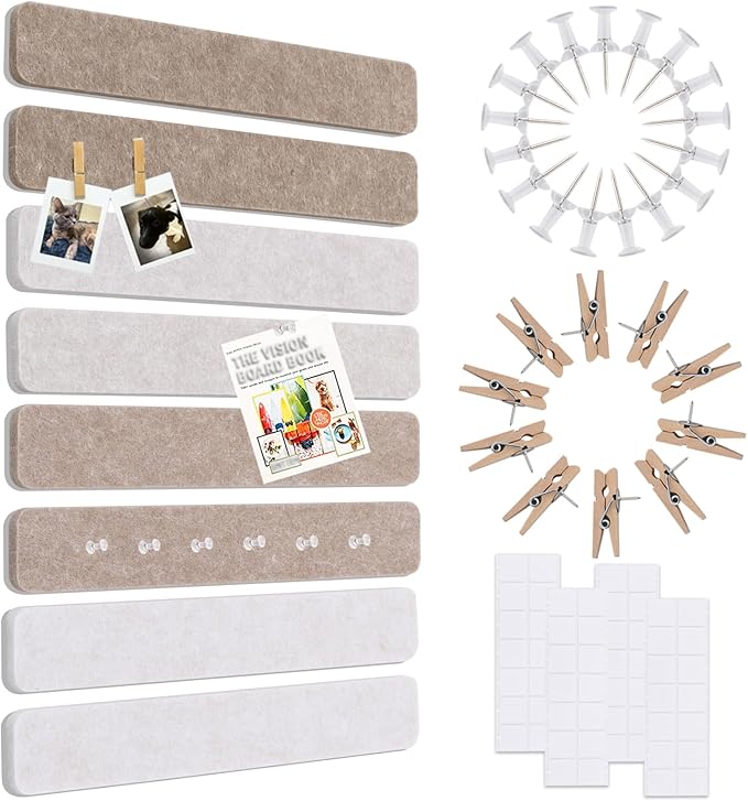 Vuzvuv 8 pcs Bulletin Board Bar Strips No Adhesive Backing with Glue Points ，Self Adhesive Cork Board for Wall，Felt Pin Board for School，Office Decor(Mix-Brown)