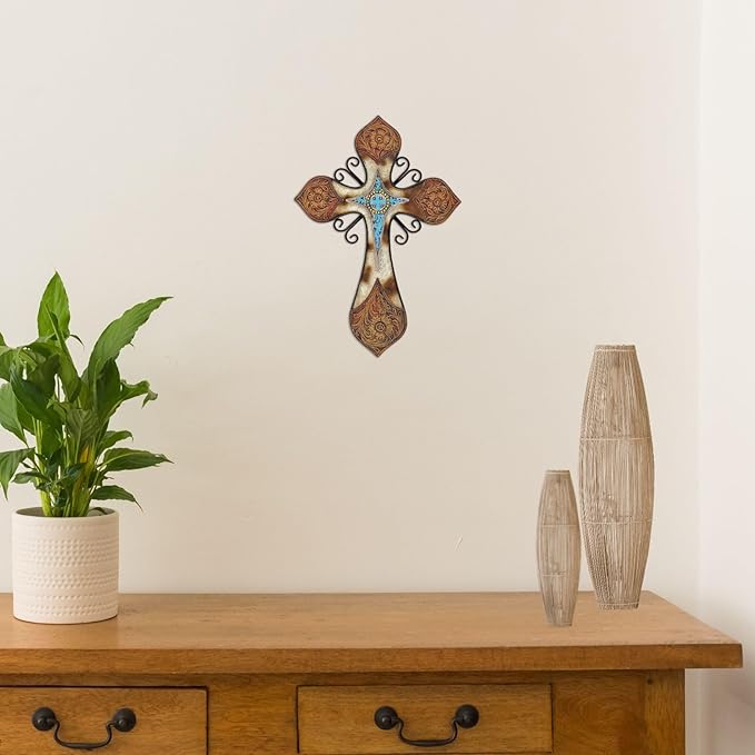 AMAJY Rustic Western Style Cowhide Faux Tooled Leather Wall Cross with Turqoise Center Piece and Floral Embossed Design Spiritual Wall art Southwest Decor