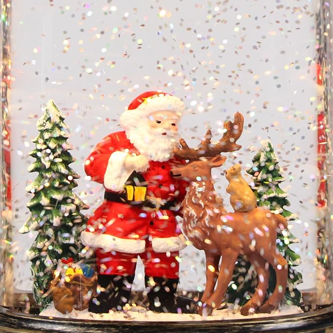 Christmas Snow Globe Candle with Timer & Music, Santa Flying with Reindeer Scene, Swirling Glittering Candle Shaped Snow Lantern, USB/Battery Operated Lighted Lantern for Christmas