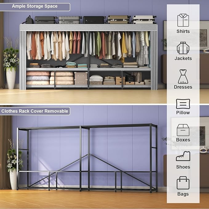 95% Assembled 96" L Heavy Duty Wardrobe Closet, Premium Extra Large Strong Heavy Duty Clothes Rack with Cover,Portable Foldable Freestanding Garment Rack for Hanging Clothes, Black