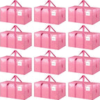 12 Pack Extra Heavy Duty Large Moving Bags with Strong Zipper & Comfortable Handles, Sturdy & Durable Clothes Storage Bags Totes Bins, Packing Moving Boxes for College Supplies, Pink