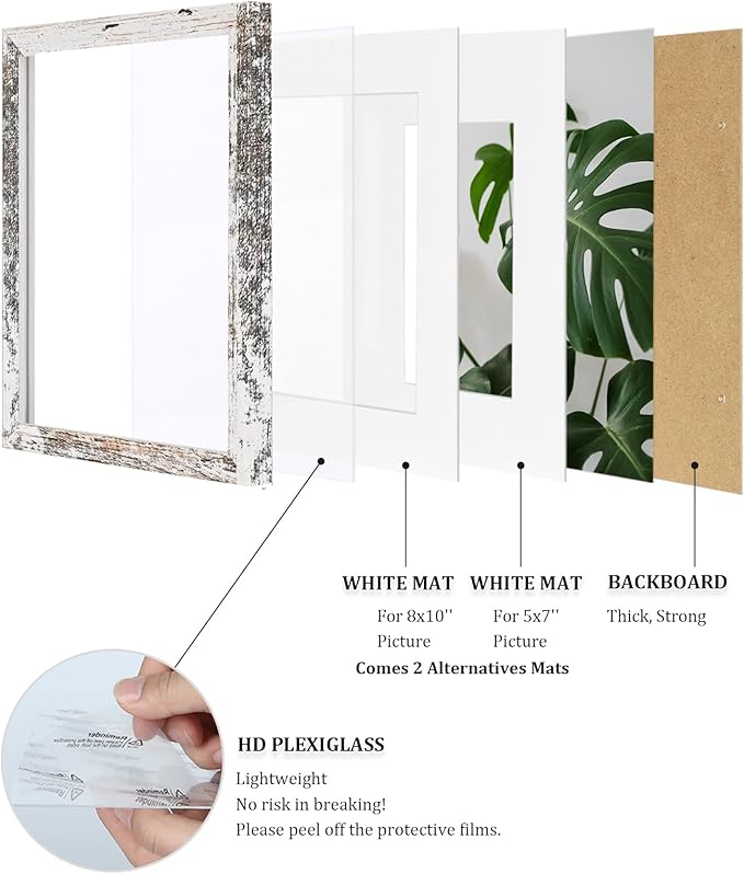 Egofine 11x14 Picture Frame Rustic White 4 Pack - Photo Frame Made of Solid Wood Covered by Plexiglass for Table Top Display Pictures 5x7/8x10 with Mat or 11x14 Without Mat - with Wall Mounting