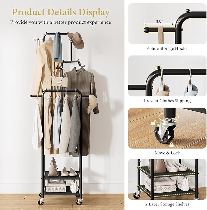 Chrislley Small Clothing Rack With Wheels, 71" Portable Rolling Garment Rack With 2 Shelves and 6 Hooks, 3-Section Different Heights Heavy Duty Metal Clothes Rack For Coats, Shirts, Bags, Shoes, Black