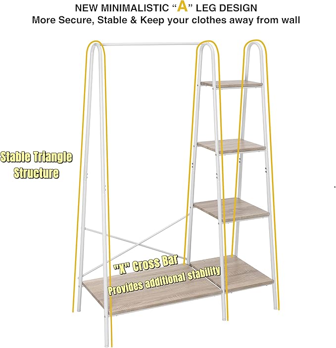Finnhomy Metal Clothes Closet Rack, Clothing Rack for Hanging Clothes White Heavy Duty Garment Rack with 5 Wood Shelves Freestanding Portable Closet Organizer for Bedroom/Entryway/Boutiques