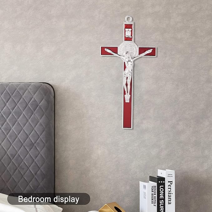 VINETEN Crucifix- Saint Benedict Crucifix Wall Cross Metal Wall Art-Cross Give Blessing and The Spiritual Sacred 8 Inch Red