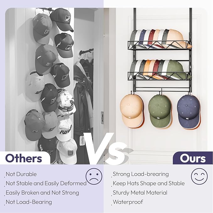 SWTYMIKI Over Door Hat Organizer - 3 Tier Wall Mounted Hat Rack with 2 Adjustable Metal Basket and 3 Hooks, Hanging Baseball Cap Organizer Storage Holds up to 29 Caps for Door, Bedroom, Closet