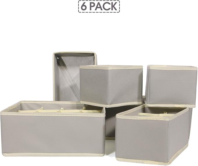 6 Pack Foldable Drawer Organizer Dividers Cloth Storage Box Closet Dresser Organizer Cube Fabric Containers Basket Bins for Underwear Bras Socks Panties Lingeries Nursery Baby Clothes Gray