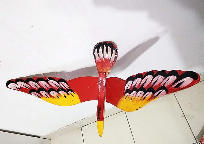 WitnyStore 15" Red Yellow Hoopoe Woodpecker Wooden Flying Bird Mobile Kinetic Hanging Sculpture for Adult Collectors Handcrafted Room Decoration Display Art Dynamic Overhead Ornament