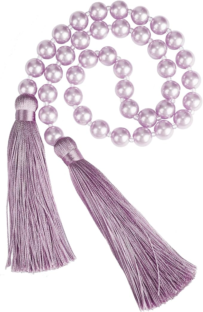 34 Inch Pearl Glass Bead Garland with Tassels - Elegant Boho Table Decor, Fringe Wall Hanging for Wedding, Party, Farmhouse Rustic Prayer Bead Home Decoration(1 Pack,Purple)