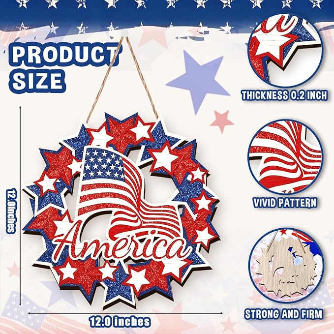 Wooden 4th of July Decorations Patriotic Wreath Independence Day Decorations Front Door with Star Sign Welcome Memorial Day Hanging for Home Wall Decor Outdoor Indoor Red White and Blue Wreath 2