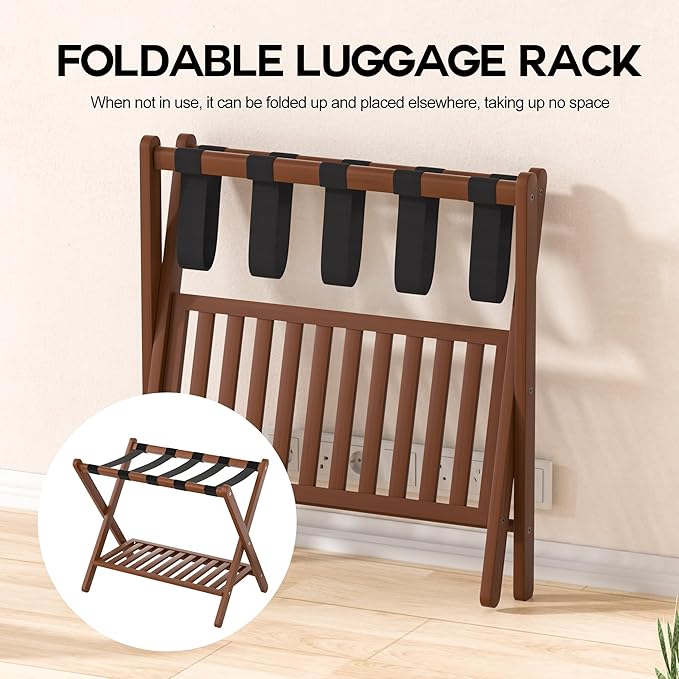 Luggage Racks Set Of 2 Suitcase Stand Foldable With Storage Shelf For Guest Room Hotel Essentials Solid Bamboo Heavy-Duty Item Holder Chestnut Brown