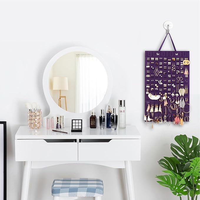 Hanging Earrings Organizer, Wall Earring Holder with 2 Hooks, Holds Up To 300 Pairs, Compact Design, Soft Material-Dark Purple