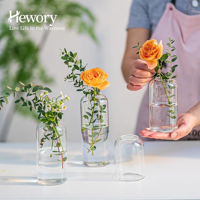Hewory Glass Clear Modern Vase, Set of 6 - Small Bud Vases for Flowers, Elegant Home Decor Floral Arrangements, Wedding Party Events Centerpieces