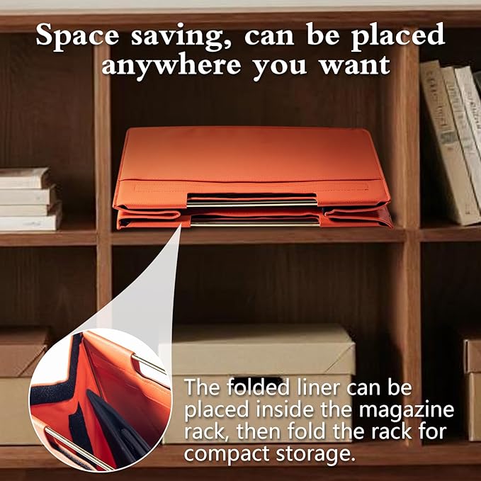 Leather Magazine Holder Foldable with Handles，Stable Magazine Rack Floor，Magazine Basket File Holder Storage，Document File Folder Organizer Free Standing for Office Living Room (orange)