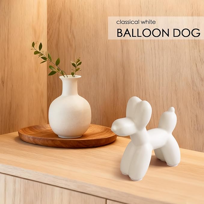 Notakia Cute Ceramics White Balloon Dog Statue Crafts Living Room Desktop Decorations,Handmade Modern Small Ceramic Animal Statue Ornament Home Decor Accents (White, Small)