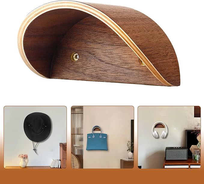 Cowboy Hat Rack for Wall,2 Pack Wooden Hat Holder,with Satin Finish Hat Hooks,Non-Damage Brim Design Can Keeps Original Shape of Hat, for Western Hat Organizer (Walnut Wood)