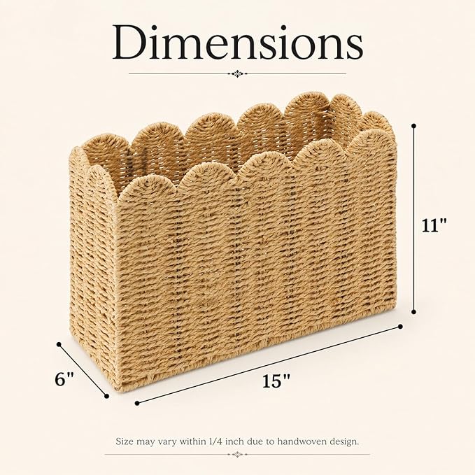 Paper Rope Magazine Holder for Floor with Scalloped Edge, Tall Narrow Wicker Magazine Basket – Book Basket, File Holder & Mail Basket for Living Room, Office & Bedroom