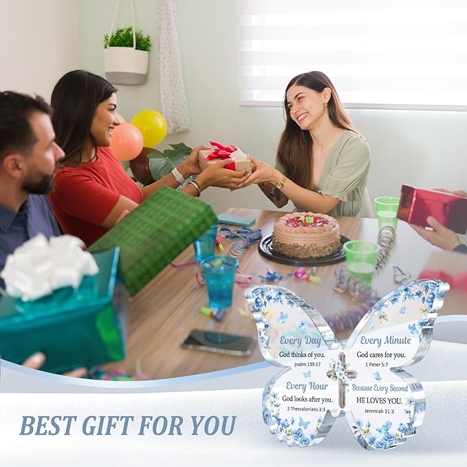 Christian Gifts for Women Faith, Butterfly Acrylic Plaque Sign, Religious Gifts for Women on Mothers Day Birthday Christmas, Spiritual Present for Female Friend Family, 5x3.8x0.5 Inch - Blue
