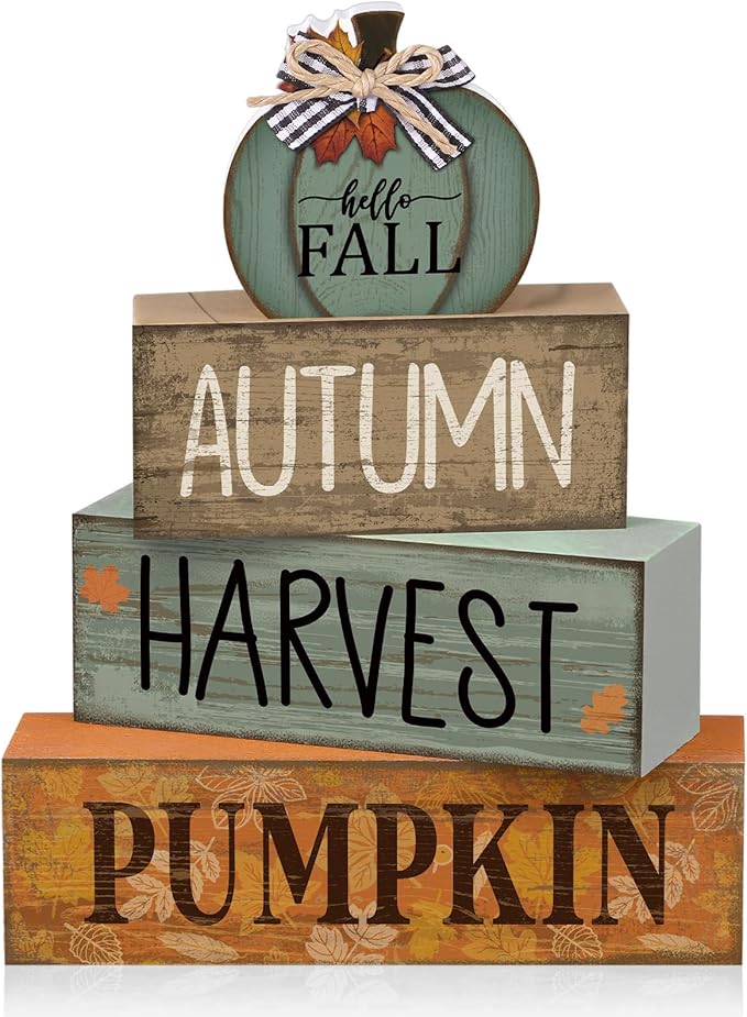 Lineshading 4 Pcs Fall Table Decoration for Home Wooden Pumpkin Decor Thanksgiving Tiered Tray Decor Rustic Neutral Pumpkin Stacked Block Autumn Centerpiece Decoration for Harvest Home Kitchen
