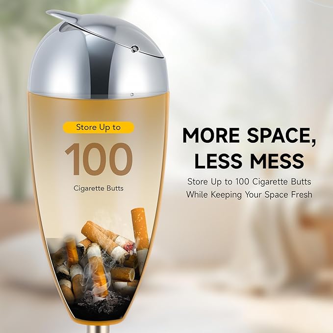 CO-Z Adjustable Ashtray, Smokeless Odorless Indoor Outdoor Floor Standing Ash Tray with Lid for Home Patio Cigarettes Ash Butt Disposal, Windproof Balcony Ashtray in 20", 27.5", 35" Heights, Yellow