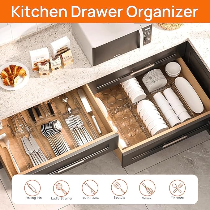 Acrylic Drawer Dividers for Clothes, Adjustable 11–20.8 Inch Expandable Deep Dresser Drawer Dividers, Clear Drawer Separators for Baby Clothes, Underwear, Kitchen, Office & Home Storage